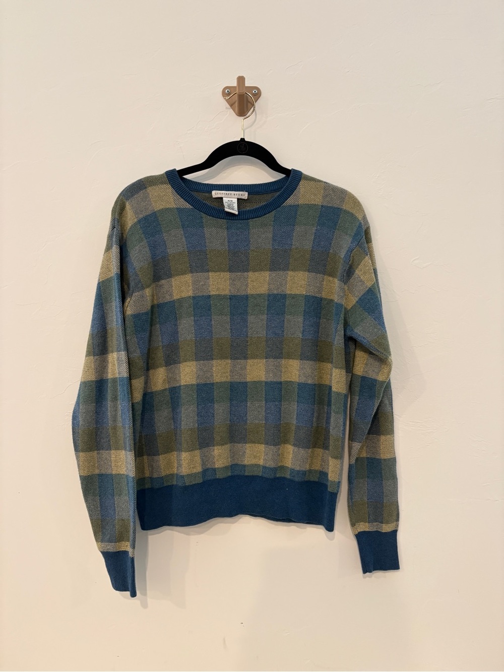 Geoffrey Beene Blue & Olive Plaid Crewneck Sweater